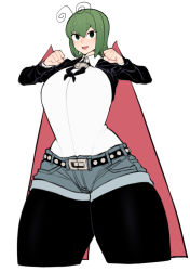Rule 34 | 1girl, antennae, arms up, belt, black cape, black eyes, black pantyhose, breasts, cape, collared shirt, commentary request, cowboy shot, denim, denim shorts, green hair, hair between eyes, happy, highres, huge breasts, leggings, leggings under shorts, looking at viewer, pantyhose, pantyhose under shorts, red cape, shirt, shorts, smile, solo, spacezin, tareme, thick thighs, thighs, touhou, two-sided cape, two-sided fabric, white background, white shirt, wriggle nightbug