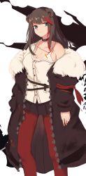 Rule 34 | 1girl, animal ears, arknights, bad id, bad pixiv id, bare shoulders, bear ears, black coat, black collar, black skirt, breasts, brown hair, cleavage, closed mouth, coat, collar, collarbone, commentary, dress shirt, earbuds, earphones, fur-trimmed coat, fur trim, highres, inniyik, large breasts, long hair, long sleeves, multicolored hair, off shoulder, open clothes, open coat, pantyhose, pleated skirt, red hair, red pantyhose, shirt, simple background, skirt, sleeves past wrists, solo, streaked hair, white background, white shirt, zima (arknights)