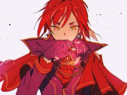 Rule 34 | 1boy, ascot, bishounen, cape, covered mouth, ensemble stars!, gloves, grey background, jacket, long sleeves, looking at viewer, male focus, multicolored hair, purple gloves, purple jacket, red cape, red hair, sakasaki natsume, short hair, solo, sungchart, white hair, yellow eyes