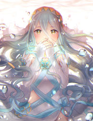 Rule 34 | 1girl, azura (fire emblem), blue hair, bubble, covering own mouth, dress, elbow gloves, fingerless gloves, fire emblem, fire emblem fates, gloves, haru (nakajou-28), jewelry, long hair, necklace, nintendo, pendant, solo, veil, white dress, white gloves, yellow eyes