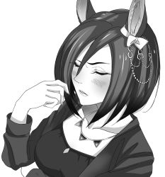 Rule 34 | absurdres, air groove (umamusume), akegata tobari, animal ears, arm under breasts, blush, bow, breasts, collarbone, closed eyes, greyscale, hair ornament, hand up, highres, horse ears, horse girl, jacket, jewelry, long sleeves, medium breasts, monochrome, necklace, parted lips, short hair, simple background, solo, umamusume, upper body, white background