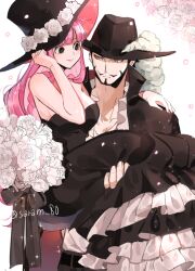 Rule 34 | 1girl, archived source, bad id, bad twitter id, beard, belt, black dress, black eyes, black hair, blunt bangs, bouquet, carrying, coat, commentary request, dracule mihawk, dress, facial hair, flower, frilled dress, frills, hat, hat feather, holding, holding bouquet, joman, korean commentary, long dress, looking at another, mustache, one piece, perona, pink hair, profile, rose, simple background, smile, top hat, white flower, white rose