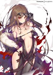 Rule 34 | 1girl, adjusting eyewear, arm behind back, bare shoulders, black-framed eyewear, black dress, blush, breasts, brown hair, center opening, choker, collarbone, commentary request, dress, earrings, fate/grand order, fate (series), fur-trimmed jacket, fur collar, fur trim, glasses, gold, hong (white spider), jacket, jewelry, long hair, looking at viewer, making-of available, medium breasts, multiple earrings, navel, patreon username, red eyes, revealing clothes, sidelocks, signature, skindentation, solo, stomach, strapless, strapless dress, thighs, very long hair, yu mei-ren (fate)