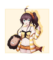 Rule 34 | 1girl, absurdres, ahoge, bare shoulders, blue eyes, breasts, brown hair, cardigan, clothes down, collarbone, cowboy shot, cropped legs, groin, hair between eyes, hair ornament, highres, hololive, long hair, micro shorts, midriff, natsuiro matsuri, natsuiro matsuri (matsuri&#039;s day off), navel, off shoulder, open cardigan, open clothes, orange shorts, ponytail, shorts, sidelocks, small breasts, solo, spaghetti strap, standing, stomach, striped cardigan, virtual youtuber, z-jun.dd-zhong