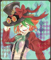 Rule 34 | 1boy, ;d, bad id, bad pixiv id, blazer, bow, dyed bangs, earrings, goggles, goggles on headwear, green hair, hat, highres, jacket, jewelry, male focus, multicolored hair, one eye closed, open mouth, pendant, red eyes, red hair, sakaki yuya, smile, solo, suspenders, top hat, yellowking hiro, yu-gi-oh!, yu-gi-oh! arc-v