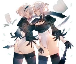Rule 34 | 2b (nier:automata), 2girls, ass, asymmetrical bangs, black dress, braid, breasts, cleavage, cleavage cutout, clothing cutout, crossover, dress, dual wielding, flower, futanari, gloves, grey eyes, hair flower, hair ornament, hairband, heattech leotard, highres, holding, holding sword, holding weapon, in-franchise crossover, kaine (nier), leotard, looking at viewer, mayutsuba mono, multiple girls, nier:automata, nier (series), pod (nier:automata), sword, thighhighs, time paradox, turtleneck, weapon, yellow eyes