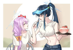 2girls arikalovesyou2 atsuko_(blue_archive) black_pants blue_archive blue_hair blush closed_eyes commentary_request feeding flower food fruit hair_flower hair_ornament hair_ribbon halo highres holding holding_tray long_hair midriff multiple_girls navel open_mouth pants ponytail purple_hair red_flower ribbon saori_(blue_archive) shaved_ice shirt short_sleeves smile strawberry summer tied_shirt toned toned_female tray visor_cap white_shirt yellow_ribbon yuri