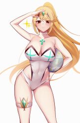 Rule 34 | 1girl, absurdres, armpits, bare shoulders, blonde hair, blush, breasts, cameltoe, chest jewel, cleavage, gem, headpiece, highres, jewelry, large breasts, long hair, looking at viewer, mythra (radiant beach) (xenoblade), mythra (xenoblade), one-piece swimsuit, psychopolis, solo, strapless, strapless one-piece swimsuit, swept bangs, swimsuit, tiara, white one-piece swimsuit, xenoblade chronicles (series), xenoblade chronicles 2, yellow eyes