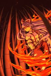 Rule 34 | 1girl, artist request, bamboo, bamboo forest, bow, dark, female focus, fire, forest, from below, fujiwara no mokou, hair bow, hair ribbon, hands in pockets, iibukino-kotetsu, long hair, nature, night, night sky, orange theme, pants, red eyes, ribbon, shadow, shirt, silver hair, sky, solo, suspenders, touhou, white shirt