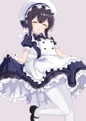 Rule 34 | 1girl, absurdres, apron, black hair, bow, closed eyes, commentary, eluthel, frilled skirt, frills, hat, highres, idolmaster, idolmaster shiny colors, leg up, maid, maid apron, maid cap, mary janes, mob cap, morino rinze, pantyhose, puffy short sleeves, puffy sleeves, shoes, short sleeves, simple background, skirt, skirt hold, solo, standing, standing on one leg, white pantyhose, wrist cuffs