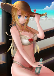 Rule 34 | 3girls, adapted costume, ark royal (kancolle), beach, beige bikini, bikini, blonde hair, blue eyes, blue sky, bottle, braid, breasts, chinese commentary, cleavage, cloud, commentary request, day, french braid, grey bikini, hat, horizon, jervis (kancolle), kantai collection, long hair, looking at viewer, medium breasts, multiple girls, ramune, satsukikyo, sitting, sky, solo focus, straw hat, sun hat, swimsuit, warspite (kancolle)