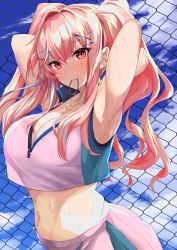 Rule 34 | 1girl, absurdres, armpits, arms behind head, azur lane, bare shoulders, black bra, blue sky, blush, bra, breasts, bremerton (azur lane), bremerton (scorching-hot training) (azur lane), chain-link fence, cleavage, cloud, collarbone, collared shirt, commentary request, cowboy shot, crop top, crop top overhang, day, fence, green skirt, grey hair, groin, hair between eyes, hair intakes, hair ornament, hair tie in mouth, hairclip, heart, heart necklace, highres, jewelry, large breasts, long hair, looking at viewer, midriff, mouth hold, multicolored hair, navel, navel piercing, necklace, no mole, ogata (daitikun0220), piercing, pink eyes, pink hair, see-through, shirt, sidelocks, skirt, sky, sleeveless, sleeveless shirt, smile, solo, sportswear, standing, streaked hair, sweat, tennis uniform, twintails, two-tone shirt, two-tone skirt, tying hair, underwear, wet, wet clothes, wet shirt, white shirt, white skirt, x hair ornament