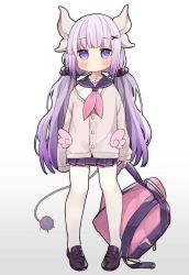 Rule 34 | 1girl, azur lane, backpack, bad id, bad twitter id, bag, blush, commentary request, cosplay, full body, gradient background, grey background, hair ornament, hair scrunchie, horns, kanna kamui, kobayashi-san chi no maidragon, long hair, looking at viewer, low twintails, neckerchief, pantyhose, pigeon-toed, pink neckerchief, pleated skirt, purple eyes, purple hair, sailor collar, school uniform, scrunchie, serafuku, simple background, skirt, solo, standing, tail, tsuka, twintails, unicorn (long-awaited date) (azur lane), unicorn (azur lane), unicorn (azur lane) (cosplay), very long hair, white background, white pantyhose, x hair ornament