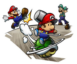 Rule 34 | 4boys, absurdres, baby luigi, baby mario, blue overalls, boots, brothers, carrying, facial hair, gloves, green headwear, green shell (mario), green shirt, hammer, hat, highres, holding, holding hammer, kicking, luigi, male focus, mario, mario &amp; luigi: partners in time, mario &amp; luigi rpg, mario &amp; luigi rpg (style), mario (series), multiple boys, mustache, nintendo, official art, overalls, partners in time, piggyback, red headwear, red shirt, shirt, siblings, simple background, socks, striped clothes, striped socks, white gloves