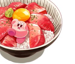 Rule 34 | amedama (akaki 4207), blush, bowl, drooling, egg yolk, food, food focus, in food, kirby, kirby (series), meat, mouth drool, nintendo, no humans, open mouth, oversized food, oversized object, rice, shadow, solo