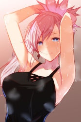 Rule 34 | 1girl, arito arayuru, armpits, arms up, asymmetrical hair, bare shoulders, black camisole, blue eyes, blush, breasts, brown background, camisole, cleavage, closed mouth, collarbone, fate/grand order, fate (series), gradient background, highres, large breasts, long hair, looking at viewer, miyamoto musashi (fate), pink hair, ponytail, solo, steam, sweat