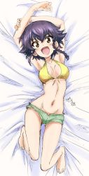 Rule 34 | 1girl, :d, arm grab, armpits, arms up, artist name, bad id, bad twitter id, bed sheet, bikini, bikini shorts, black hair, braid, breasts, brown eyes, commentary, dated, erakin, from above, girls und panzer, green bikini, groin, highres, legs up, looking at viewer, lying, medium breasts, mismatched bikini, navel, on back, on bed, open mouth, pepperoni (girls und panzer), short hair, shorts, side braid, signature, sketch, smile, solo, swimsuit, yellow bikini