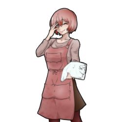 Rule 34 | 1girl, apron, bag, grey eyes, hand on own face, hand up, holding, holding bag, holding clothes, holding shirt, huyusaki taiga, lobotomy corporation, one eye closed, pantyhose, peeking through fingers, personification, pink hair, plastic bag, project moon, shirt, short hair, skirt, smile, solo, today&#039;s shy look