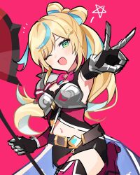 Rule 34 | 1girl, axe, belt, blonde hair, blue hair, bow, bow-shaped hair, bowtie, brown belt, commentary, green eyes, holding, holding axe, long hair, multicolored hair, nijisanji, one eye closed, pink background, pink bow, pink bowtie, solo, streaked hair, swept bangs, tachitsute toto, v, very long hair, waka (wk4444)