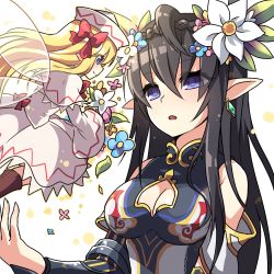 Rule 34 | 2girls, ahoge, bare shoulders, black hair, blue eyes, boots, bow, braid, breasts, cleavage, cleavage cutout, clothing cutout, crossover, dress, earrings, eyes visible through hair, fairy wings, flower, hair bow, hair flower, hair ornament, hat, highres, jewelry, kozakura (dictionary), lily white, long hair, medium breasts, multiple girls, persephone (p&amp;d), pointy ears, purple eyes, puzzle &amp; dragons, smile, touhou, white background, wings
