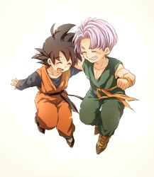 Rule 34 | 2boys, black hair, boots, child, clenched hand, closed eyes, dougi, dragon ball, dragonball z, flying, happy, hug, long sleeves, male focus, multiple boys, open mouth, purple hair, short hair, simple background, smile, son goten, spiked hair, trunks (dragon ball), white background, wristband