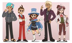 Rule 34 | 2girls, 3boys, absurdres, ace attorney, antenna hair, apollo justice, apollo justice: ace attorney, bag, beanie, black dress, black pants, blonde hair, blue cape, blue headwear, blue necktie, boots, brown footwear, brown hair, buttoned cuffs, buttons, cape, cartoonized, closed mouth, collared shirt, diamond button, diamond earrings, dress, earrings, ema skye, full body, glasses, gloves, grey hoodie, half updo, hat, high heels, highres, hood, hoodie, jacket, jewelry, klavier gavin, lab coat, long hair, looking at viewer, multiple boys, multiple girls, necklace, necktie, official style, open mouth, pants, parody, paula peroff, phoenix wright, purple jacket, raised eyebrow, red pants, red scarf, red vest, ring, sandals, scarf, shirt, shoes, short hair, shoulder bag, simple background, sleeves rolled up, smile, standing, style parody, the ghost and molly mcgee, toon (style), top hat, trucy wright, vest, white footwear, white gloves, white shirt