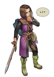 Rule 34 | ..., 1boy, bag, belt, blue eyes, boots, brown hair, closed mouth, dragon quest, dragon quest xi, full body, green footwear, hero (dq11), holding, holding sword, holding weapon, hungry clicker, male focus, pants, sheath, shield, solo, speech bubble, square enix, standing, sword, thinking, weapon