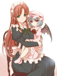 Rule 34 | 2girls, age difference, alternate costume, bat wings, bow, enmaided, green eyes, hair bow, hong meiling, long hair, looking at viewer, maid, maid headdress, monety, multiple girls, red eyes, red hair, remilia scarlet, short hair, simple background, sitting, sitting on lap, sitting on person, size difference, sketch, smile, touhou, white background, wings