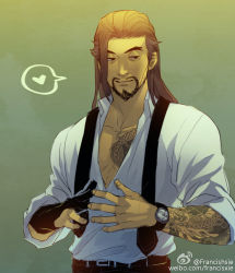 1boy beard black_hair facial_hair francishsie hanzo_(overwatch) male_focus open_clothes open_shirt overwatch overwatch_1 shirt smile solo_focus tattoo undressing