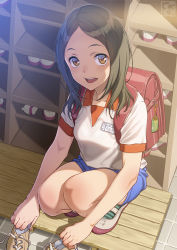 Rule 34 | 1girl, :d, bag charm, blue shorts, blush, bra visible through clothes, brown footwear, brown hair, charm (object), collarbone, day, forehead, from above, full body, gym shirt, gym shorts, gym uniform, highres, holding, holding shoes, long hair, looking at viewer, looking up, name tag, open mouth, original, pairan, shirt, shoes, shorts, smile, squatting, sunlight, teeth, upper teeth only, uwabaki, white footwear, white shirt