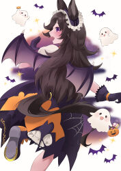 Rule 34 | 1girl, absurdres, animal ears, bat (animal), black footwear, black gloves, black hairband, black skirt, boots, candy, coco (coco rr), commentary, demon wings, fang, food, frilled hairband, frills, from behind, ghost, gloves, hairband, halloween, highres, horse ears, horse girl, horse tail, layered skirt, leg up, lolita hairband, long hair, looking at viewer, looking back, medium skirt, official alternate costume, open mouth, print skirt, purple eyes, rice shower (make up vampire!) (umamusume), rice shower (umamusume), shirt, skirt, smile, solo, sparkle, spider web print, standing, standing on one leg, tail, umamusume, white background, white shirt, wings
