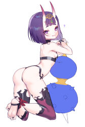 Rule 34 | 1girl, :3, :q, ankle bow, ankle ribbon, arched back, ass, bad id, bad pixiv id, barefoot, bow, breasts, closed mouth, crossed legs, eyeliner, fate/grand order, fate (series), feet, from behind, full body, gimt, gourd, hair ornament, heart, highres, horns, kneeling, leaning forward, leg ribbon, looking at viewer, looking back, makeup, purple eyes, purple hair, revealing clothes, ribbon, short hair, shuten douji (fate), sideboob, simple background, small breasts, soles, solo, thighhighs, toes, tongue, tongue out, white background, wrist cuffs