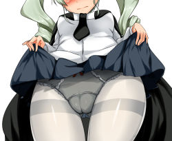 Rule 34 | 10s, 1girl, anchovy (girls und panzer), bad id, bad pixiv id, black necktie, blouse, blush, breasts, cameltoe, cape, cleft of venus, clothes lift, from below, girls und panzer, gluteal fold, head out of frame, kurokoshou (emuburemu123), lifted by self, medium breasts, necktie, outside border, panties, pantyhose, pantyshot, perspective, pleated skirt, shirt, skirt, skirt lift, solo, standing, thighband pantyhose, underwear, wavy mouth, white panties, white pantyhose, white shirt