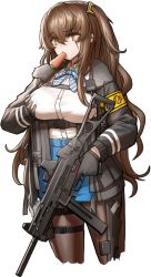 Rule 34 | 1girl, alternate breast size, alternate costume, blush, breasts, brown hair, carrot, cheogtanbyeong, cosplay, food in mouth, girls&#039; frontline, gloves, grabbing, grabbing another&#039;s breast, grabbing own breast, h&amp;k ump, h&amp;k ump, highres, jacket, large breasts, long hair, orange eyes, pantyhose, scar, scar across eye, scar on face, side ponytail, sidelocks, skindentation, solo, sweatdrop, thigh strap, ump45 (girls&#039; frontline), very long hair, vsk-94 (girls&#039; frontline), vsk-94 (girls&#039; frontline) (cosplay)