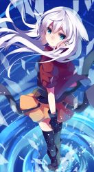 Rule 34 | 1girl, anceril sacred, bad id, bad pixiv id, black thighhighs, blue eyes, boots, gloves, hair tie, long hair, looking at viewer, mishima kurone, original, silver hair, skirt, solo, standing, thighhighs, wind