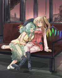 Rule 34 | 2girls, adapted costume, belt, bench, blonde hair, blush, boots, breasts, building, choker, cuddling, dress, flandre scarlet, green eyes, green hair, hand on another&#039;s thigh, hand on thigh, hat, head on another&#039;s shoulder, komeiji koishi, large breasts, long hair, multiple girls, ponytail, red eyes, sandals, shoes, short hair, sitting, sunset, toeless footwear, touhou, tower, wavy hair, wings, yohane, yuri