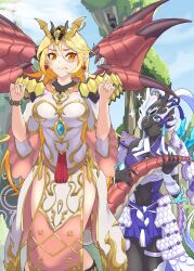 Rule 34 | 2girls, armor, armored dress, artist name, artist request, blonde hair, blue eyes, blush, bodysuit, breasts, dragon, dragon girl, dragon tail, dragon wings, full body, full body suit, grabbing, helmet, highres, large breasts, long hair, majesty maiden the true dracocaster, medium breasts, mountain, multiple girls, ornament, purple skirt, skirt, swordsoul of mo ye, tail, tail grab, thick thighs, thighhighs, thighs, white hair, wings, yellow eyes, yu-gi-oh!