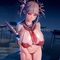 Rule 34 | 1girl, 3d, animated, animated gif, arcadia (arcadiamkii), bikini, blonde hair, boku no hero academia, bouncing breasts, breasts, double bun, female focus, hair bun, holding, holding knife, holding weapon, honey select, huge breasts, jiggle, knife, large breasts, open mouth, partially undressed, smile, solo, swimsuit, toga himiko, weapon, yellow eyes