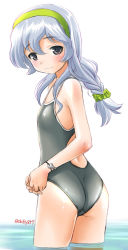 Rule 34 | 10s, 1girl, ass, black eyes, black one-piece swimsuit, braid, ebifly, flat ass, flat chest, hair between eyes, hairband, kantai collection, key, long hair, one-piece swimsuit, partially submerged, scrunchie, silver hair, simple background, solo, standing, swimsuit, wading, water, white background, yamagumo (kancolle)