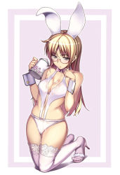Rule 34 | 1girl, animal ears, asa (xametaler), bare shoulders, blonde hair, bow, bowtie, breasts, brown eyes, bunny girl, character request, cleavage, fake animal ears, glasses, high heels, highres, kneeling, liquid, long hair, original, panties, pouring, rabbit tail, semi-rimless eyewear, shoes, solo, suggestive fluid, tail, teapot, thighhighs, underwear, white panties, white thighhighs, wrist cuffs