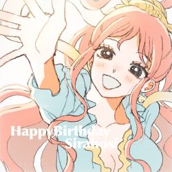 Rule 34 | 1girl, arm up, character name, earrings, fish hair ornament, frilled shirt, frills, from above, hagoromo, hair ornament, happy birthday, jewelry, long hair, millpi01, one piece, pink hair, shawl, shirahoshi, shirt, sidelocks, smile, solo