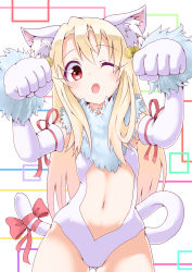 Rule 34 | 1girl, ;o, absurdres, animal ears, bell, blonde hair, blush, cat ears, cat tail, clothing cutout, dangeroes beast (illya), elbow gloves, fang, fate/kaleid liner prisma illya, fate (series), fur collar, gloves, groin, hair bell, hair ornament, hands up, highres, illyasviel von einzbern, jingle bell, kamonegi (meisou1998), long hair, looking at viewer, navel, navel cutout, one eye closed, paw pose, red eyes, ribbon, solo, tail, tail ornament, tail ribbon, very long hair, white gloves