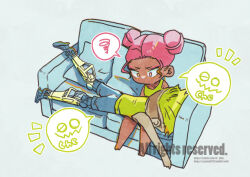 Rule 34 | 1boy, 1girl, animification, annoyed, apex legends, blue shorts, cathy (cassie0720), chibi, collarbone, couch, eyeshadow, green shirt, green tank top, grey background, lap pillow, lifeline (apex legends), looking down, makeup, notice lines, octane (apex legends), pink eyes, pink eyeshadow, pink hair, shirt, shorts, sleeveless, sleeveless shirt, speech bubble, spoken squiggle, squiggle, tank top