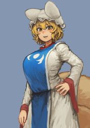 Rule 34 | 1girl, absurdres, adapted costume, alternate eye color, animal hat, arm at side, blonde hair, blue background, blush, breasts, brown eyes, chanta (ayatakaoisii), cowboy shot, fang, fox tail, hair between eyes, hand on own hip, hat, highres, huge breasts, lips, long skirt, long sleeves, looking at viewer, looking down, mob cap, multiple tails, nose blush, shirt, sidelocks, simple background, skirt, slit pupils, smile, solo, tabard, tail, teeth, touhou, wavy hair, white shirt, white skirt, wide sleeves, yakumo ran