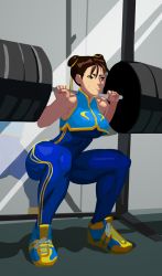 Rule 34 | 1990s (style), 1girl, ass, breasts, brown hair, capcom, chun-li, double bun, exercising, hair bun, large breasts, morgan mundie, morganagod, muscular, retro artstyle, shoes, sneakers, solo, squatting, street fighter, street fighter zero (series), thick thighs, thighs, weights