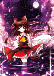 Rule 34 | 1girl, absurdres, ascot, belt, bow, brown eyes, brown hair, catbell, cherry blossoms, collar, detached sleeves, dress, female focus, frilled bow, frilled shirt collar, frills, full moon, glowing, glowing eyes, hair bow, hair tubes, hakurei reimu, highres, light smile, long hair, medium hair, moon, night, partially submerged, petals, red bow, red dress, red eyes, red ribbon, ribbon, ribbon-trimmed sleeves, ribbon trim, ripples, skirt, skirt set, sky, sleeveless, sleeveless dress, smile, solo, standing, star (sky), starry sky, touhou, wading, water, white collar, white sleeves, wide sleeves, yellow ascot