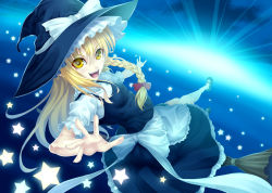 Rule 34 | 1girl, aka (shoumae), bad id, bad pixiv id, blonde hair, bow, broom, fang, female focus, hair bow, hat, kirisame marisa, long hair, open mouth, smile, solo, star (symbol), touhou, witch, witch hat, yellow eyes