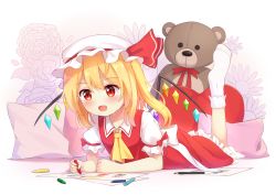 Rule 34 | 1girl, absurdres, arm support, ascot, blonde hair, bobby socks, colored pencil, commentary, crayon, drawing, english commentary, engrish commentary, fang, flandre scarlet, floral background, hat, hat ribbon, highres, holding, holding crayon, leg lift, looking down, lying, mob cap, no shoes, on stomach, one side up, open mouth, paper, pencil, petticoat, pillow, puffy short sleeves, puffy sleeves, red eyes, red skirt, red vest, ribbon, shirt, short hair, short sleeves, skirt, skirt set, socks, solo, stuffed animal, stuffed toy, teddy bear, touhou, vest, white background, white hat, white shirt, white socks, wings, yaruwashi, yellow ascot