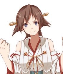 Rule 34 | 10s, 1girl, absurdres, bare shoulders, blue eyes, brown hair, clenched hands, hairband, hiei (kancolle), highres, kantai collection, looking at viewer, nontraditional miko, personification, short hair, smirk, solo, tsukamoto minori, upper body