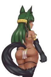 Rule 34 | 1girl, animal ear fluff, animal ears, anubis (monster girl encyclopedia), ass, bright pupils, dark-skinned female, dark skin, from behind, fur, gold, green hair, highres, long hair, looking back, mole, mole on ass, monster girl encyclopedia, nav (itsnav), pelvic curtain, red eyes, simple background, solo, tail, thick thighs, thigh strap, thighs, white background, wolf ears, wolf girl, wolf tail